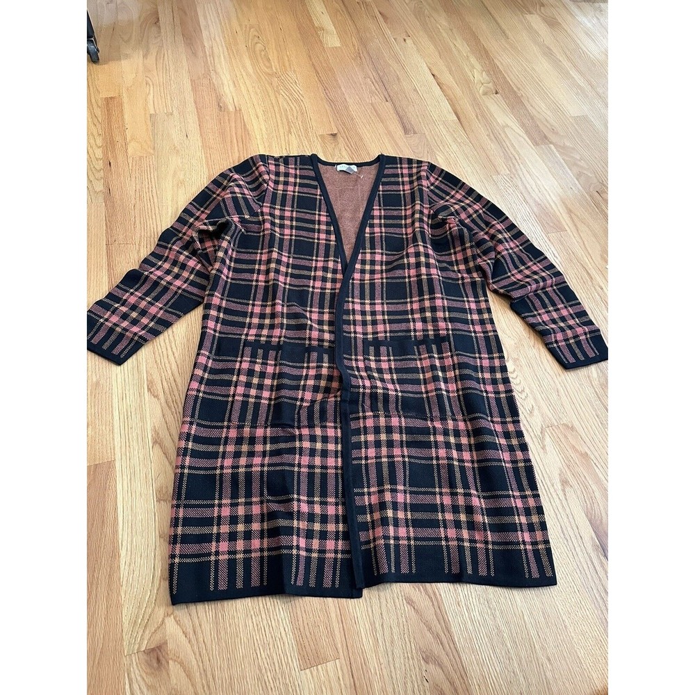 Studio by Denim & Co. Plaid Jacquard Open Front Cardigan Pink black NWOT size XL